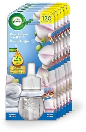 Air Wick Eléctrico - Recambios de Ambientador Automático Eléctrico, Esencia Para Casa Con Aroma a Flor Ropa Limpia, Morado, 1 Unidad (Paquete de 6)