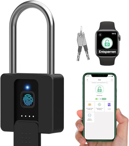 Vorhängeschloss Fingerabdruck, Eseesmart Schloss mit Langer Bügel, Großes Vorhängeschloss mit Schlüssel, Fingerabdruck & App, Wasserdich Lagerhäuser, Frachtauto, Garage, Schule,Tür
