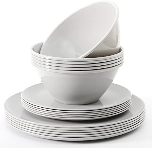 Youngever 18 delar återanvändbar köksservis i plast, tallrikar (20 cm och 25 cm), skålar (1 000 ml), servis för 6 (grå)