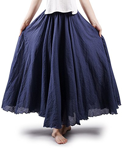 Phorecys Jupe Longue Femme Boh閙ien Tour de Taille Elastique Casual Coton Jupe Maxi Bleu Marine 105cm