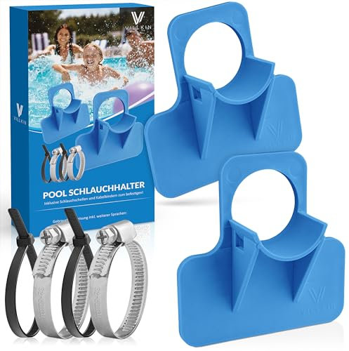 Villkin Pool Schlauchhalter (2 Stück) - 26-38mm - inkl Schlauchschellen mit Knickschutz für Pools (Blau)