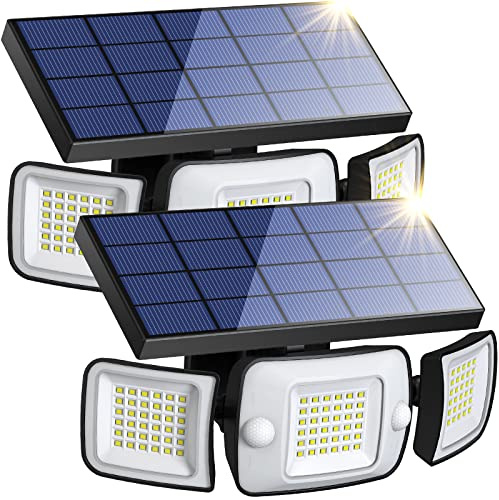 intelamp Foco Solar Exterior con Sensor de Movimiento, Pack de 2 Focos LED Solares 1200LM, Batería 6000mAh, 3 Cabezales Ajustables, Doble PIR, IP65, para Jardín, Garaje, Patio y Camino