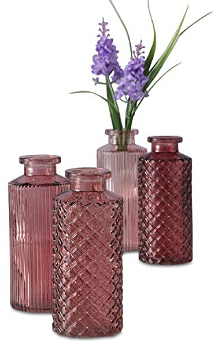 Modernist Home Vasen mit Rand, 4 Stück, dunkles und blassrosa Glas, ausgefallene Muster, 14 cm hoch