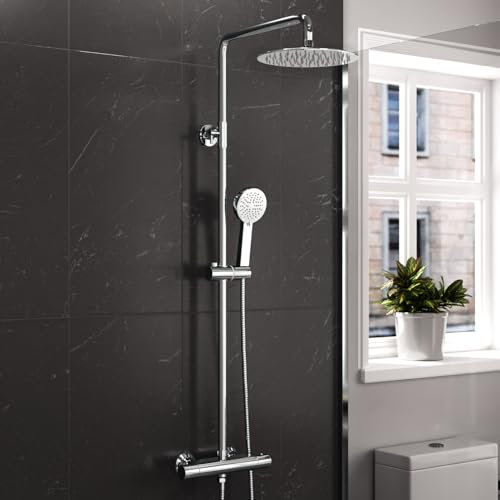 Modern Square or Round Exposed Thermostatic Mixer Shower Set Shower Head and Handheld Chrome or Matte Black (Matte Black) (Chrome Shower Head)