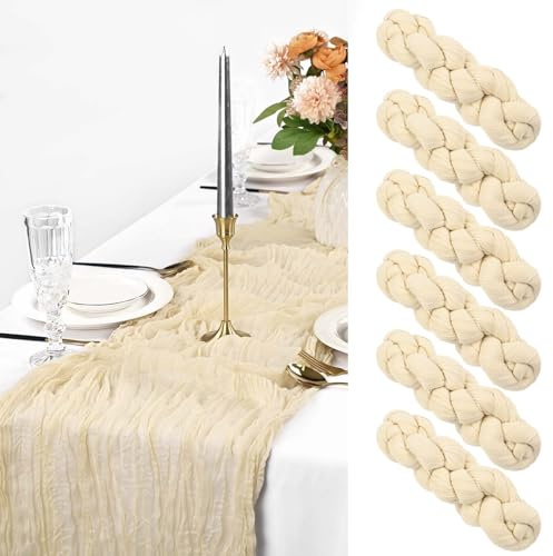 Pesonlook 6 Stück Beige Käsetuch Tischläufer Lang, 90 x 300 cm | 3 m lang, Rustikaler Gaze Stoff Boho halbtransparent Hochzeits Seihtuch Tischläufer für Hochzeit, Party, Brautparty，Bankett