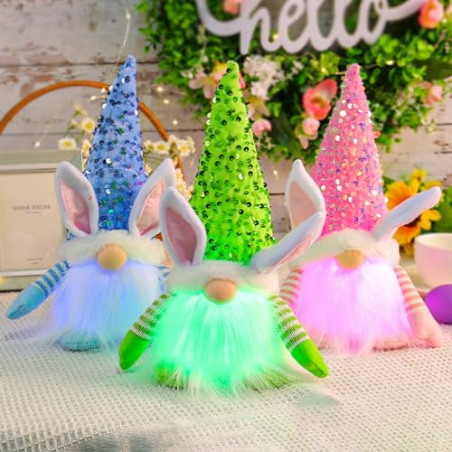 DZAY 3 Stück Osterdeko Osterhasen Wichtel Figuren mit Beleuchtet Frühling Deko,Ostern Deko Wichtel Figuren Wichtel mit LED licht Plüsch Osterhasen Figuren Tischdekoration für Küche Zwerge Ornamente