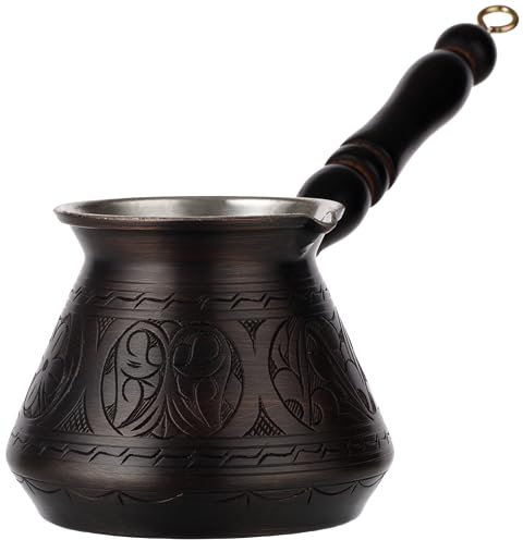 DEMMEX Thick Copper Turkish Greek Arabic Coffee Pot 450 ml, Traditional Hand Engraved Cezve Ibrik Briki with Wooden Handle & Spoon, Handmade in Turkey (Antique)