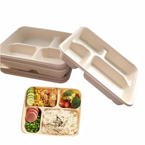 UQUABESO Lot de 10 assiettes en carton jetables et compostables à 4 compartiments avec couvercles, biodégradables, à quatre grilles pour l'école, le déjeuner, le micro-ondes et le congélateur (1100