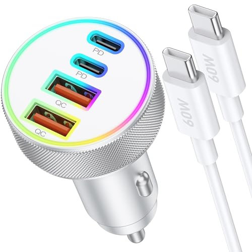 Caricabatterie Auto, Caricatore USB C a 4 porte 90W con USB-C&A, Presa 12V PD/QC Adattatore Accendisigari Rapido con cavo Type C [bianco] per iPhone 16 15 Pro Max/Pro/Plus/16e, Samsung Galaxy S25/S24