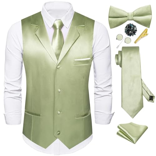 Dubulle Herren-Satin-Weste und Krawatte, solide Anzugweste und vorgebundene Fliege, Set für Herren, Anstecknadel, Hochzeit, Party