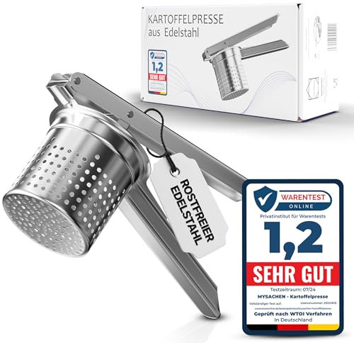 mySachen® Kartoffelpresse aus Edelstahl, vielseitig, spülmaschinenfest, Testsieger, Gourmet Kartoffelstampfer, Kartoffelpüree, Spaghettieis, rostfrei, 25,5 cm, 300 g