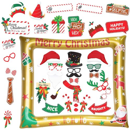 39 Stück Weihnachten Aufblasbare Fotorahmen, Bild Selfie Rahmen Weihnachtsfeiern, Weihnachtsmann Gold Foto Rahmen, Weihnachtsdeko Photo Booth Requisiten, für Weihnachten Silvester Partyzubehör