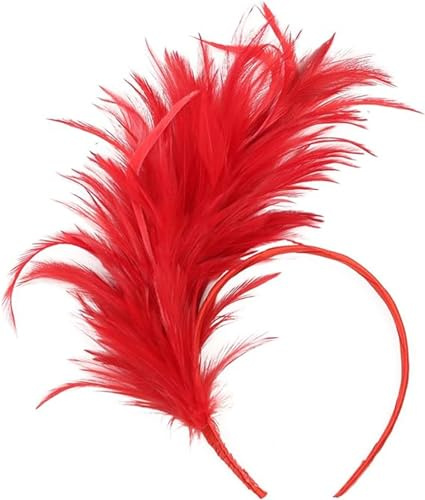 Haarreif Karneval Kopfschmuck Karneval Haarreifen Damen Karneval Feder Haarschmuck 1920s Stirnband Feder Stirnband 20er Stil Haarband Retro Haarband Haarreif Fascinator (Rot, Einheitsgröße)