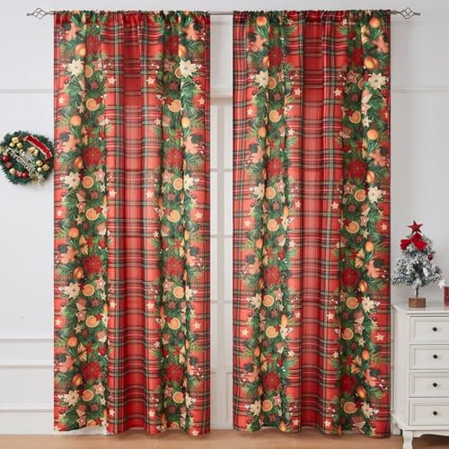 WeeQil Gardinen Vorhang Schal Modern Lang 2er Set Halbtransparent Weihnachten mit Weihnachtsmotiv Lange Weihnachtsgardinen Wohnzimmer Schlafzimmer 140 cm Breit 2 Stück HxB 160x140cm