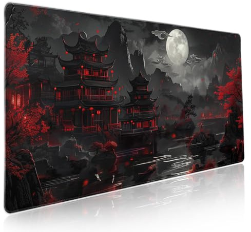 Full Moon Night Gaming Mouse Pad XXL Black Red Mountain Japanese Extended Large Mat Mousepad Desk Pad Non-Slip Rubber Base Stitched Edge Keyboard Pad Playmat for Computer,35.4×15.7 Inch