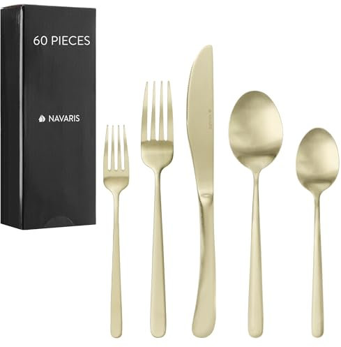 Navaris Silverware Set - 60-Piece 18/0 Stainless Steel Kitchen Cutlery Sets with Satin Champagne Finish - Versatile Dinner Knives and Forks and Spoons Dinner Set for 12 People