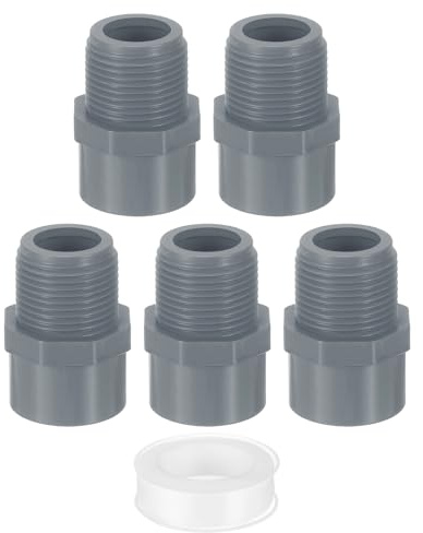 sourcing map PVC Adapter Pipe Fitting, 5Pcs 3/4 2-Way Connectors with Sealant Tape (Socket x Male Thread), Hose Adapter Coupling for Plumbing Water Line (Grey)