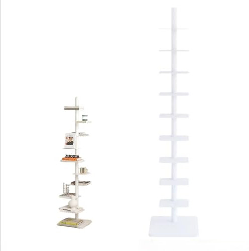 Schwebendes Bücherregal, Wandmontage, 9 Ebenen, vertikaler Bücherturm, Standregal, Eckregal, kleiner Raum, Büro, DIY, offenes Bücherregal, Dekor, weiß, 40,1 cm T x 40,1 cm B x 175,3 cm H