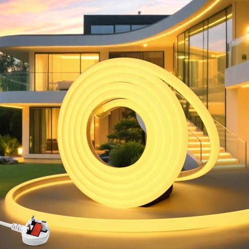 YOODI Neon COB Led Strip Lighting 10M /32.8FT 220V IP65 Waterproof Fireproof Cuttable Warm White 3000K Flexible Neon COB Led Strip Lights Included Plugs for Bedroom, Garden, Kitchen, Outdoor & Indoor