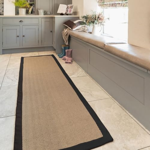 Jute Black Cotton Bordered Hallway Runners Rugs Brown Beige Herringbone Chevron Rubber Backed Bedroom Livingroom Living Home Area Rug 70cm x 240cm (2ft 4 x 7ft 10)