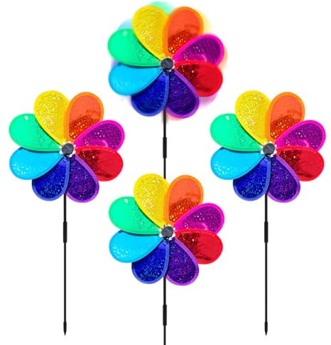 4 Piezas Molino de Viento con Flores, 30 x 70 cm Molinillo de Viento Jardin de Plástico, Molinos de Viento de Arco Iris Colorido Juguetes para Niños, para Proteger Jardines, Huertos, Techos