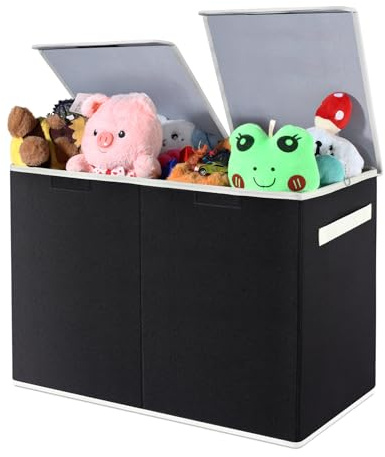 Modojuny Foldable Toy Storage Box with Lid & Handle - Large 600D Oxford Fabric Organiser Chest with Divider (57.5x29.5x39.5cm) for Kids' Toys, Clothes, Nursery | Black