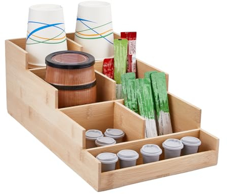SUPERFINDINGS Organizzatore di stazione di caffè, supporto per cialde di caffè, in bambù, organizer per condimenti, caddy di accessori per bar da tè, supporto da bar da ufficio, 35 x 20 cm / 13,8 x