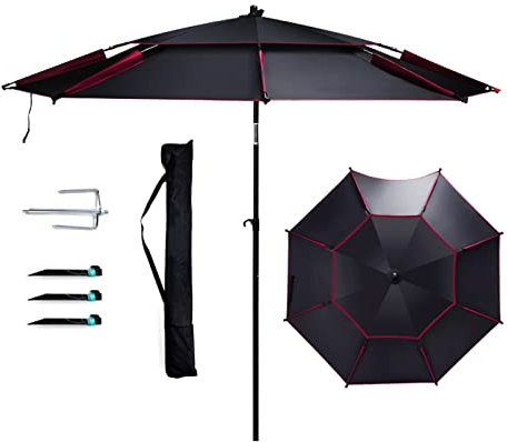 ApuaVireo&Co Ombrellone da Pesca, ombrellone da Spiaggia for Esterni, 50+, tettuccio ventilato a 2 Livelli, ombrellone Girevole Regolabile in inclinazione, palo Centrale in Metallo, Nero(265cm/9ft)