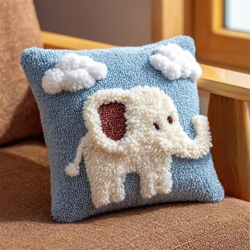 AxiangziK Süße Tiere DIY Knüpfhaken-Set Knüpfkissen,Cartoon-Elefantenbaby,Latch Hook Kissen Kit,Knüpfkissen Set für Anfänger Erwachsene oder Kinder zum Selber Knüpfen,17x17in
