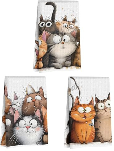 Jztco 3 Pcs Cute Cat Kitchen Towels, Cats Soft Absorbent Hand Tea Towel, Microfiber Dish Cloths for Drying Dishes, Waffle Dish Towels for Kitchen Home Bathroom Decor, Cat Lover Gifts for Women Mom