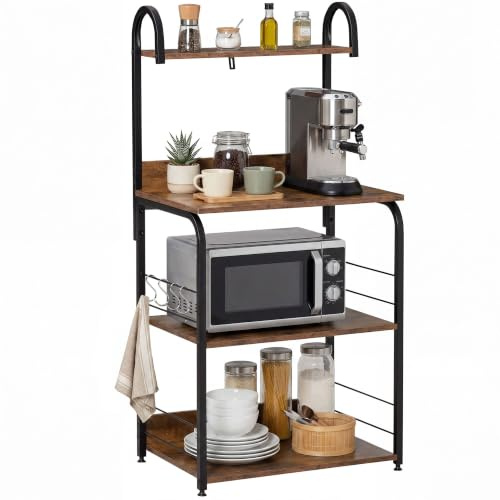 HOMCOM Étagère de Cuisine 3 Étagères Effet Bois d'Acajou Châssis Acier Noir | Meuble Micro-Onde, Crochets, Plateau