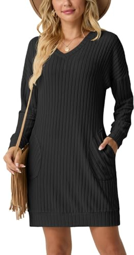 PrinStory Long Sleeve Jumper Dress Women UK Winter V Neck Casual Dresses with Pocket Loose (Black, XL)