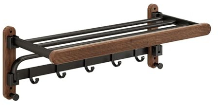 Porte-serviettes mural extensible et étendoir à linge pour salle de bain et cuisine, facile à installer, métal noir et bois massif, 60 cm, design compact