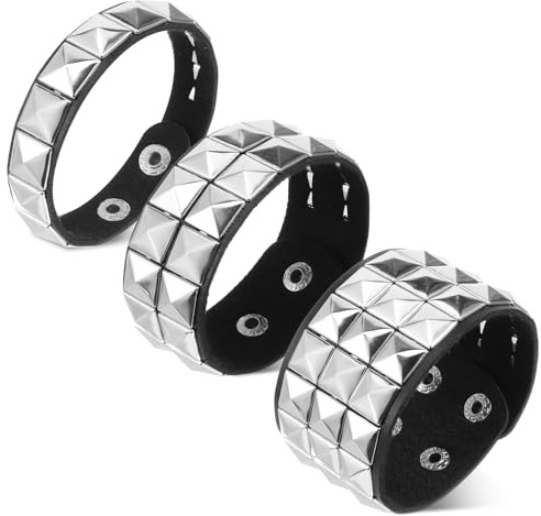 Ajcotahm 3 Pcs Studded Bracelet, PU Leather Rock Punk Cuff Bracelet 80s Emo Gothic Jewelry Adjustable Grunge Wristband Accessories for Women Men Halloween Party