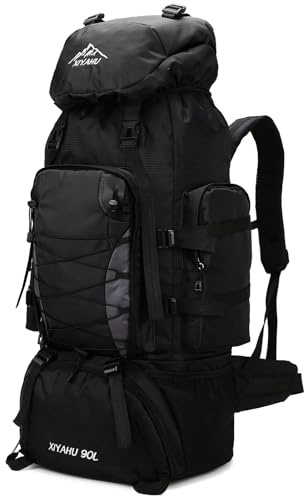 Lawaia 90L Hiking Daypacks Rucking Backpack Camping Waterproof Backpacking Travel Bag Trekking Back Pack Large Capacity Internal Frame Hiking Backpacks Climbing Ruck Sack for Men Women-Black