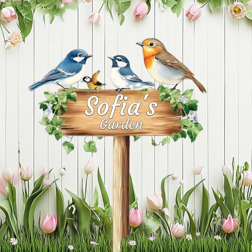 Personalized Bird Garden Signs Front Door Plaque,Custom Birds on the Branch Metal Sign with Stake for Outside,Customized Birthday Housewarming Gifts for Gardener,Gardening Marker for Lawn Yard Outdoor