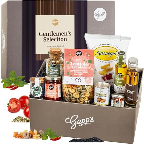Gepp’s Feinkost Geschenkset Männer I „Gentlemen’s Selection“ | Geschenkkorb mit Spezialitäten wie Whisky, Pasta, Pesto Mezzanotte & Iberic Ham Chips I Geschenk für Vater, Freund & Bruder