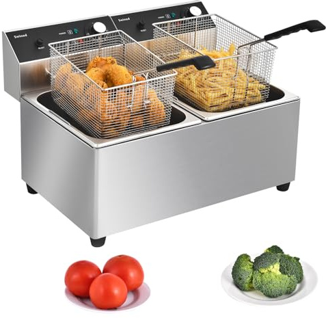 Commercial Deep Fryer with Basket, 3400w 28Qt Dual Tank 0.6mm Thickened Stainless Steel Countertop Electric Fryer for Home and Commercial Use, Oil Fryer with Double Overheat Protection