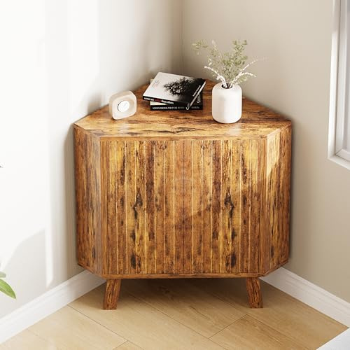 Garvee Platzsparender Eckschrank aus Holz – 3-stöckig mit Türen, verstellbarem Regal und modernem Design – Stauraum für Wohnzimmer, Schlafzimmer, Küche oder Bad – freistehend – Farbe: Braun