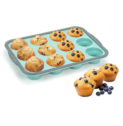 YiYeraio Silicone Muffin Trays with Metal Frame, 12 Cup Non Stick Cupcake Tray Regular Size, Muffin Moulds for Baking, Yorkshire Pudding Tray (Blue)