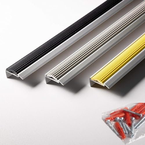 Stair Edging Profile Power Grip | Stair Nosing Profile with Non-Slip Rubber Insert | Pre-Drilled or Self-Adhesive | Mounting Material (90 x 4.2 x 2 cm | Pre-Drilled, Black | Single Rubber Insert)