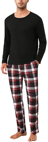 Uniexcosm Pijama de Hombre Algodón de Cuadros Manga Larga Con Bolsillo - Ropa de Casa Cuello Redondo Conjunto Suave Para Casual Hogar - Negro Oscuro L