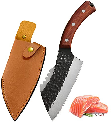 Fubinaty Kochmesser Handgefertigtes geschmiedetes Fleischbeil Full Tang Outdoor Jagd Camping Messer High Carbon Steel Küchenmesser mit Lederscheide und Rosenholzgriff
