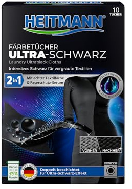 HEITMANN 2in1 Färbetücher Ultra-Schwarz | Farbauffrischung & Pflege für aufgeraute schwarze Kleidung | Farbtücher mit hochwertiger Textilfarbe | Zur Anwendung in der Waschmaschine | 10 Tücher