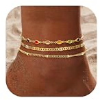 Milacolato Bracelet Cheville Or Femme Acier Inoxydable Chaine De Cheville Plaqué Or 14k Perles Tennis Dainty Chevrons Cubain Trombone Lien Chaîne Pied Réglable Empilable Boho Plage Pied Bijoux-A