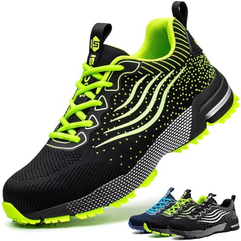 Steel Toe Shoes for Men Women Lightweight Safety Shoes Comfortable Cushion Steel Toe Sneakers Indestructible Work Shoes Green 13 Women/11 Men