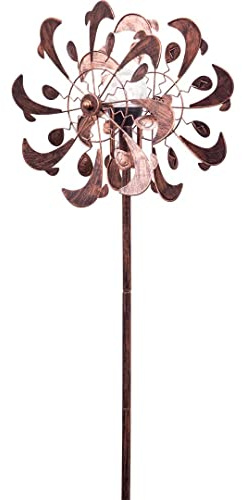Kinetic Art - Windspiel Metall inkl. Bodenanker, zwei Rotoren für 3D-Optik mit LED in Glaskugel, hochwertige bunte magische Windspiele für den Garten draußen stehend (Copper Dolphin Duett - Solar LED)