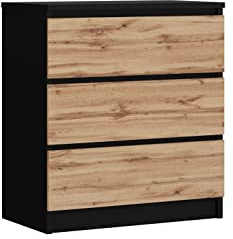Byrå med 3 lådor svart/ek wotan, L: 70 cm, H: 79 cm D: 39 cm