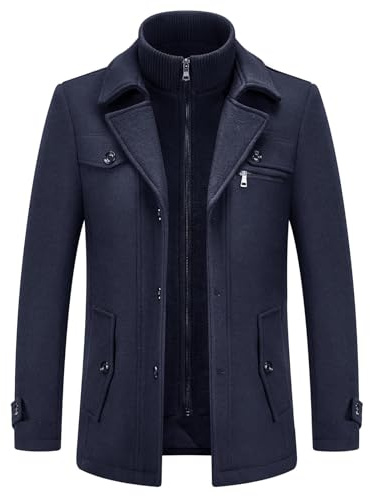 KUDORO Men's Wool Blend Winter Coat with Detachable Collar Padded Jacket | Mid-Length Overcoat with Multi Pockets Warm Casual Outerwear for Daily Outdoor Dual-Layer Mock Neck Outerwear