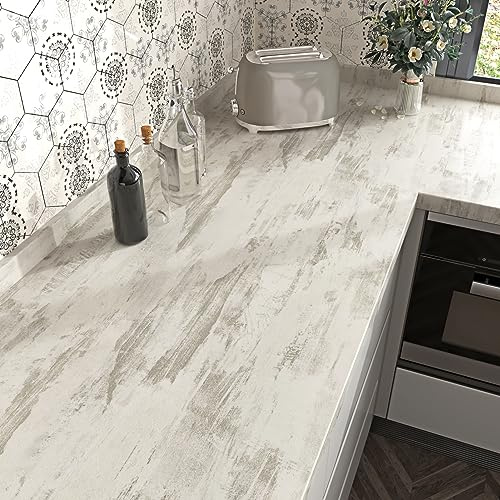 Yullpaper Graue weiße Tapete Selbstklebend Vintage Klebefolie Holzoptik für Küchenarbeitsplatte Wand Tapeten Wohnzimmer Möbelfolie Holzoptik Selbstklebend Folie für Möbel Küchenschränke 40cm X 300cm